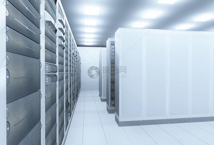计算机网络服务器机房3d渲染代表互联网托管公司数据中心的